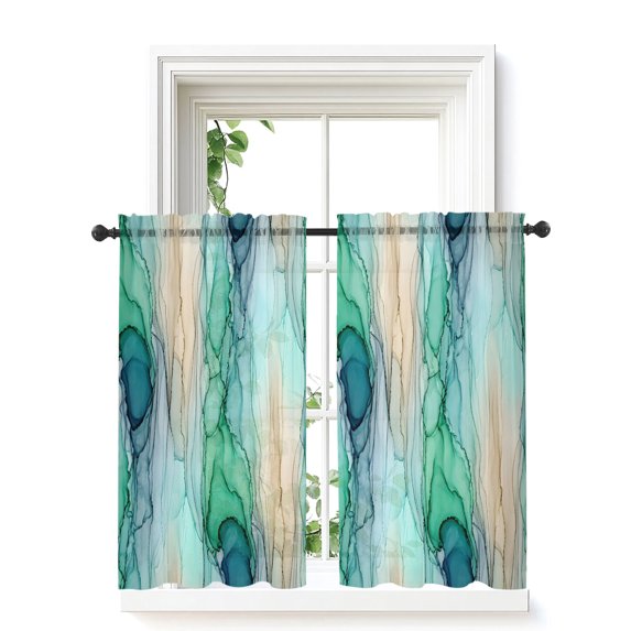 Abstract Marble Curtains 45 Inch Length,Sheer Curtains for Bedroom Living Room Window Modern Ombre Teal Green Yellow Fluid Art Rod Pocket Drapes Kitchen Curtains Small Half Window 42"x45" 2 Panels