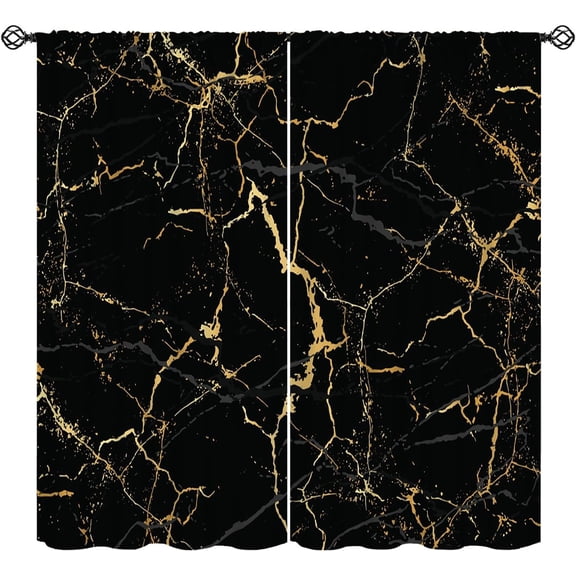Abstract Marble Curtains, Luxury Black Gold Marble Line Print Texture Window Treatments, Rod Pocket Thermal Insulated Drapes 2 Panel Sets for Bedroom Living Room, 63" W X 63" L