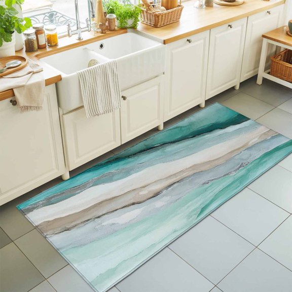 Abstract Marble Cyan Teal Gradient Rectangle Area Rug 2x6ft,Living Room Rug Non-Slip Washable Circle Rugs Pad,Minimal Art Soft Floor Carpet for Bedroom Dining Room