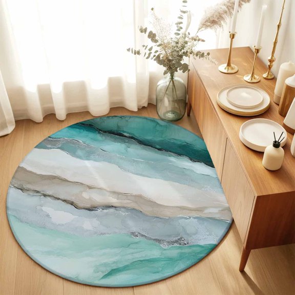 Abstract Marble Cyan Teal Gradient Round Area Rug 3ft,Living Room Rug Non-Slip Washable Circle Rugs Pad,Minimal Art Soft Floor Carpet for Bedroom Dining Room