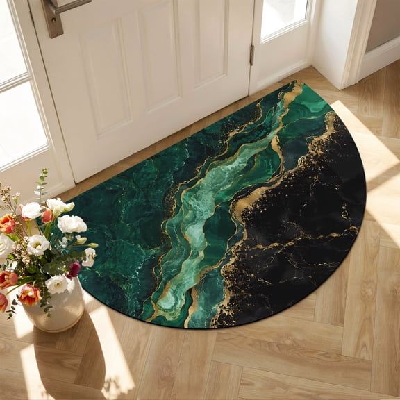 Abstract Marble Diatomaceous Earth Bath Mat, Green Swirls Emerald Stone Gold Veins Modern Half Round Non-Slip Quick Dry Door Mat Super Absorbent Bath Rug for Bathroom Kitchen Laundry 16x24in