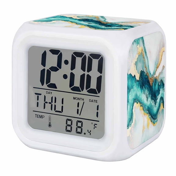 Abstract Marble Digital Alarm Clock for Bedrooms,Smart LED Alarm Clock with 7 Color Changing Night Light,Turquoise Abstract Golden Foil Texture Silent Wake Up Clocks for Sleep Study Cooking 3.2"x3.2"