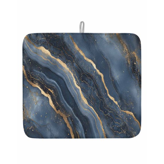 Abstract Marble Dish Drying Mats for Kitchen Counter,Absorbent Microfiber Dish Drainer Rack Mat Ombre Dark Blue Gloden Line Waves Fantasy Drying Pad for Sinks,Utensils,Countertops,16x18in