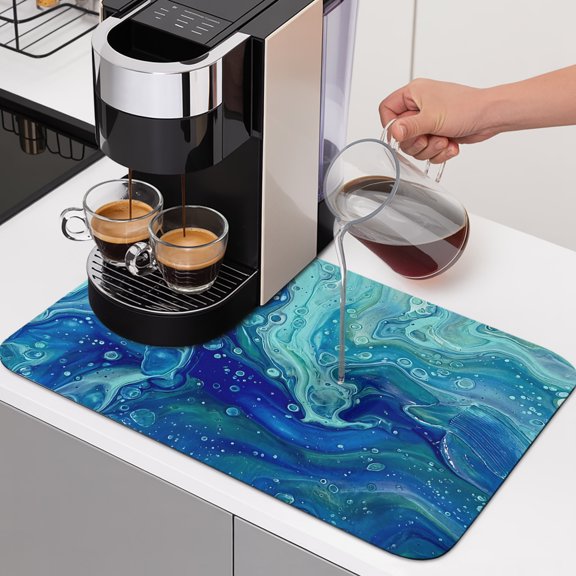 Abstract Marble Dish Drying Mats for Kitchen Counter, Turquoise Green Gradient Ocean Wave Texture Absorbent Coffee Bar Mat with Non-slip Rubber Backed Quick Drying Dish Rack Pad 12"x16"