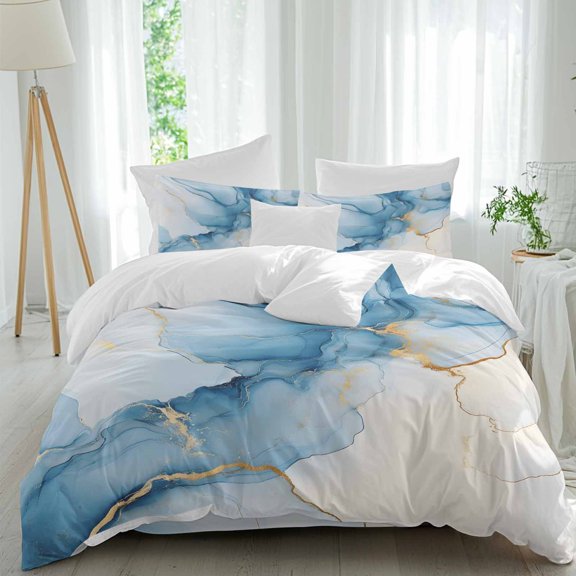 Abstract Marble Duvet Cover Set Queen Size, Blue Gold Gradient Watercolor Texture Art 4 Piece Soft Microfiber Bedding Set with 1 Duvet Cover, 1 Flat Sheet, 2 Pillowcases