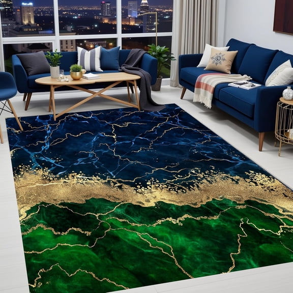Abstract Marble Emerald Green Gold Area Rug, Luxury Modern Design Carpet, Washable Non Slip Soft Pile, Living Room Bedroom Dining Room Home Office Mat 5x8ft