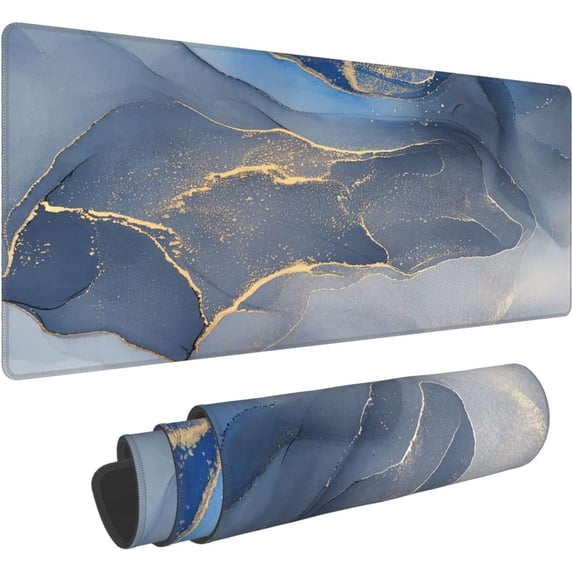 Abstract Marble Extended Mouse Pad 31.5x11.8 Inch Gold Blue Grey Marbled Non-Slip Rubber Base Large Mousepad Keyboard Mouse Mat Desk Pad for Work Gaming Office Home
