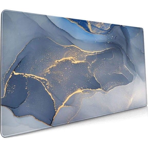 Abstract Marble Extended Mouse Pad 35.4x15.7 Inch Gold Blue Grey Marbled XXL Non-Slip Rubber Base Large Mousepad with Stitched Edges Waterproof Keyboard Mouse Mat Desk Pad for Work Gaming Office Home