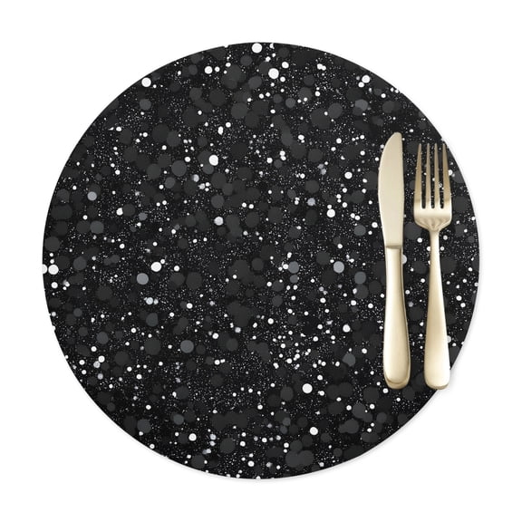 Abstract Marble Faux Leather Round Placemats Set of 1 Black Texture Sequins Decoration Washable Waterproof PU Dining Place Mats Heat Insulating Table Mat for Kitchen 15 Inch