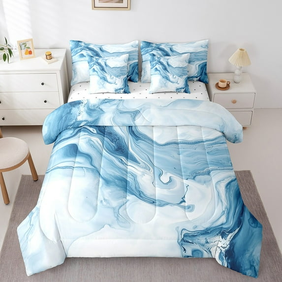 Abstract Marble Full Comforter Set 7 Piece Light Blue Marble Grain Bedding Set For Adult Men Women,Bronzing Sequins Stone Grain Bed In A Bag,Tie Dye Marbling Bed Set