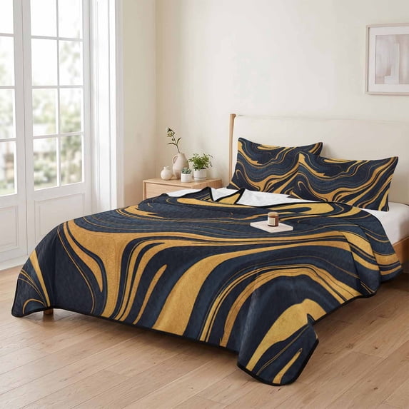 Abstract Marble Gold Fluid 3 Pieces Quilt Set,1 Quilt with 2 Shams ...