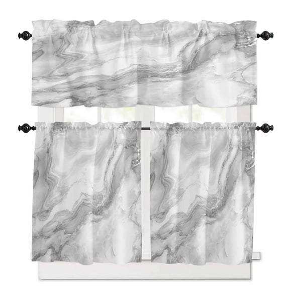 Abstract Marble Kitchen Curtains Valance and Tier Set Minimalist Art Back Texture Minimalist Art Rod Pocket Short Curtains for Small Window 3 Pieces Set for Bedroom Cafe (54" x 18"+27" x 36")