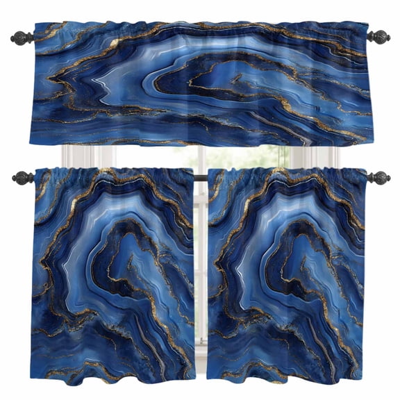 Abstract Marble Kitchen Curtains Valances and Tiers Set of 3 Blue Gradient Gold Wave Texture Tier Curtains and Valance with Rod Pocket for Small Windows, 27.5"x24"