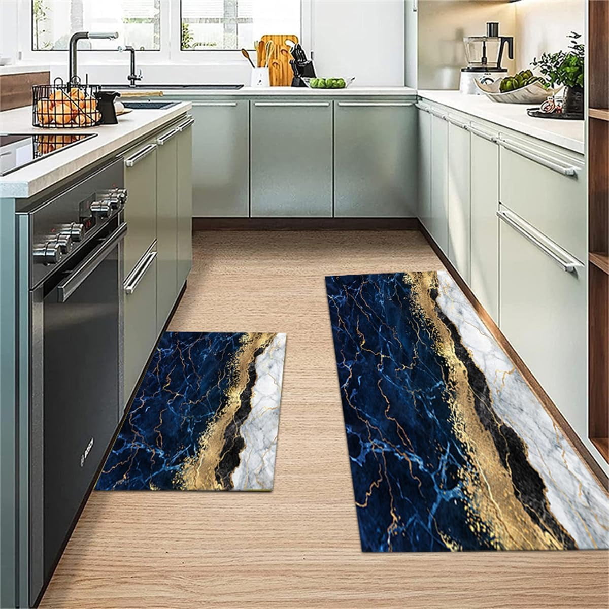 Abstract Marble Kitchen Rugs Modern Navy Blue Kitchen Mat Sequin Gold