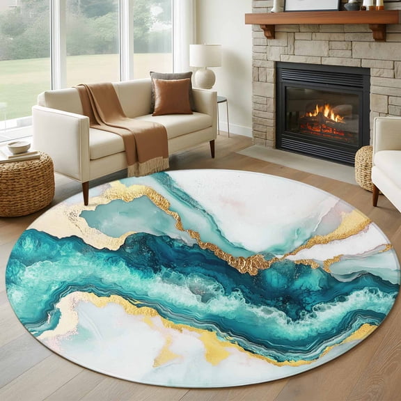 Abstract Marble Large Round Rug 8 FT, Non Slip Living Room Area Carpet, Turquoise Abstract Golden Foil Texture Washable Soft Circle Rug Non-Shedding Floor Carpet for Bedroom Office Dining Room