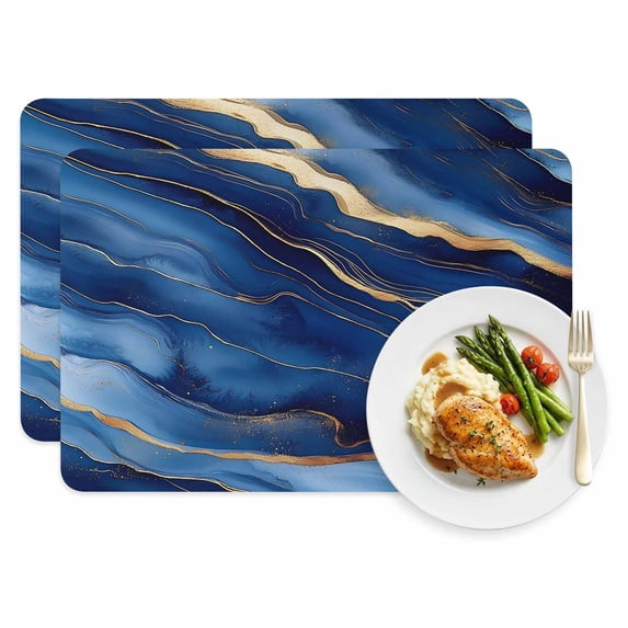 Abstract Marble Leather Placemats Set of 2, 12x18 Inch, Blue Gold ...