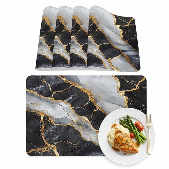 Abstract Marble Leather Placemats Set of 4, 12x18 Inch, Black Gold ...