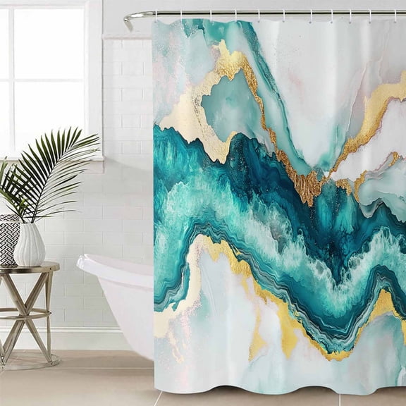 Abstract Marble Long Shower Curtain Set, Waterproof Shower Curtains for Bathroom, Turquoise Abstract Golden Foil Texture Washable Fabric Cloth Bath Curtain for Bathtub with Hooks 72x84 Inches