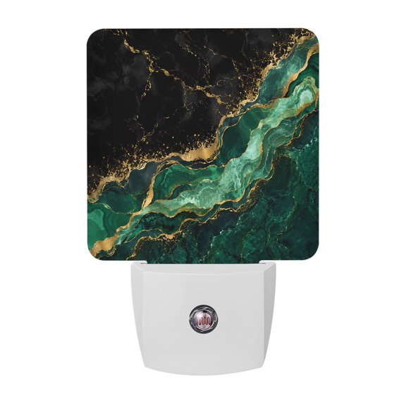 Abstract Marble Night Light, Green Swirls Emerald Stone Gold Veins Modern Plug in Night Lights with Dusk to Dawn Sensor, Energy Saving Green LED Nightlight for Bedroom Bathroom, Auto On/Off