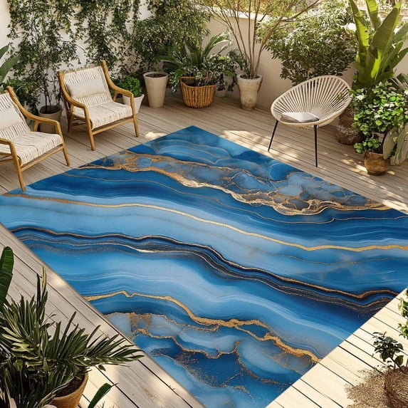 Abstract Marble Outdoor Rug, Blue Gradient Gold Crack Texture Art Non ...