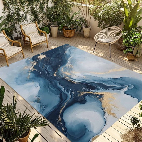 Abstract Marble Outdoor Rug, Blue Yellow Oil Painting Style Non-Slip ...