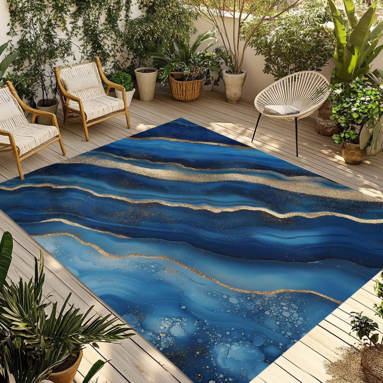 Abstract Marble Outdoor Rug, Dark Blue Gradient Gold Wave Texture Non ...