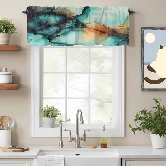 Abstract Marble Pattern Teal Waves Valances for Windows,Kitchen Valance Rod Pocket Short Curtain, Modern Texture Art Valance Curtain Window Valances for Bedroom Bathroom Living Room 54x18in