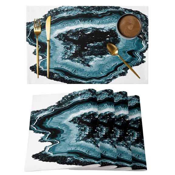 Abstract Marble Placemats Set of 4 Vintage Teal Aesthetic Agate Texture Place Mats Indoor Wipeable Table Mats Washable Cloth Dining Table Placemats for Kitchen Holiday Party Home Decor 13x19 Inch