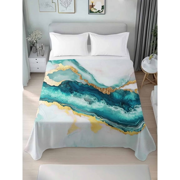 Abstract Marble Queen Size Flat Sheet, Wrinkleproof & Fadeproof Cooling Flat Bed Sheet Only, Turquoise Abstract Golden Foil Texture Breathable Soft Bedding Top Sheets 90 x 102 Inches