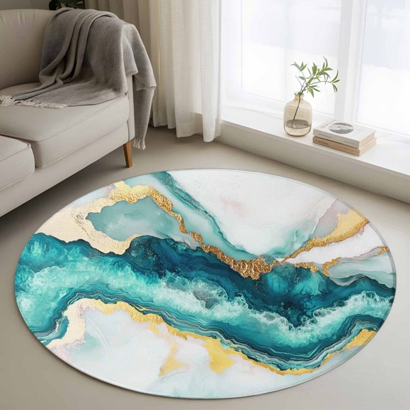 Abstract Marble Round Area Rug 4ft, Turquoise Abstract Golden Foil Texture Washable Non-Slip Circle Rugs for Bedroom Living Room Kitchen, Soft Non Shedding Circle Carpet for Dining Room Dorm