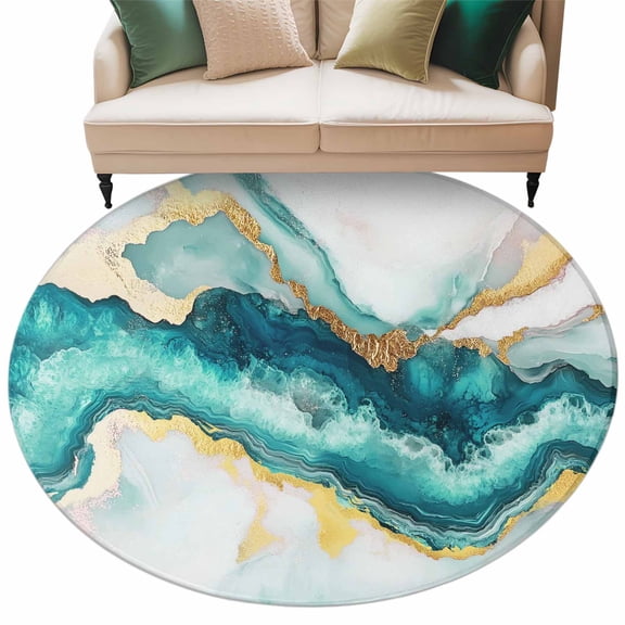 Abstract Marble Round Area Rug 5ft Washable Large Round Rug for Living Room, Soft Non-Slip Circle Rugs for Dining Room, Turquoise Abstract Golden Foil Texture Floor Carpet for Bedroom Entryway Office