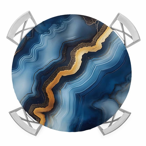 Abstract Marble Round Fitted Tablecloth with Elastic Edge, Dark Blue ...