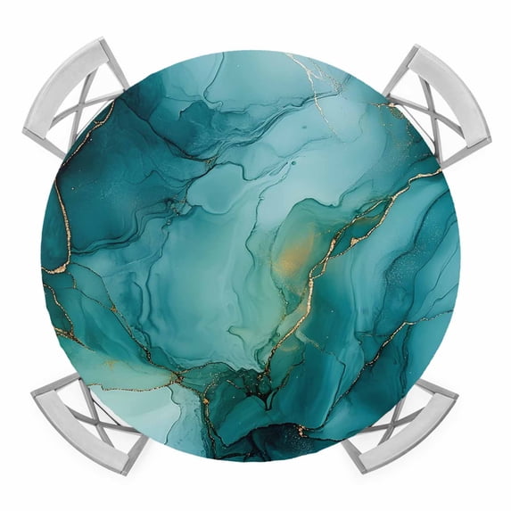 Abstract Marble Round Fitted Tablecloth with Elastic Edge, Dark Green ...