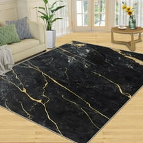 Abstract Marble Rugs For Living Room, Black Gold Rugs For Bedroom, Ultra Soft Short Pile Machine Washable Carpet For Kids Room Under Kitchen Table Apartment Office