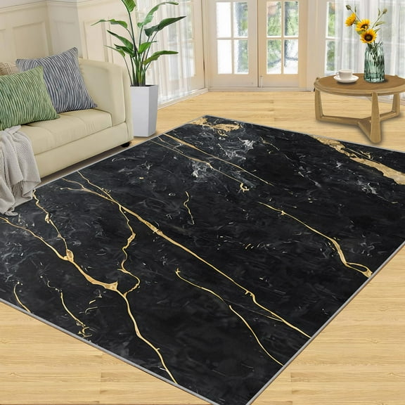 Abstract Marble Rugs For Living Room, Black Gold Rugs For Bedroom, Ultra Soft Short Pile Machine Washable Carpet For Kids Room Under Kitchen Table Apartment Office