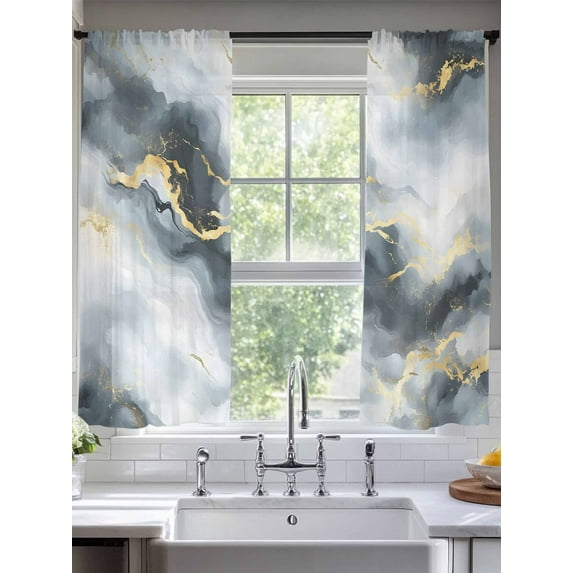 Abstract Marble Sheer Curtains 72 Inches Long 2 Panels Black Gold Gradient Crack Texture Art Light Filtering Semi Sheer Window Curtains Drapes for Bedroom Living Room 52"x72"