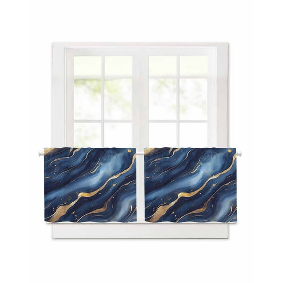 Abstract Marble Short Blackout Curtains 30 Inch Long Gold Navy Texture Modern Style Simple Rod Pocket Kitchen Curtains, 2 Panels Thermal Insulated Room Darkening Drapes for Bedroom, 42"W x 30"L