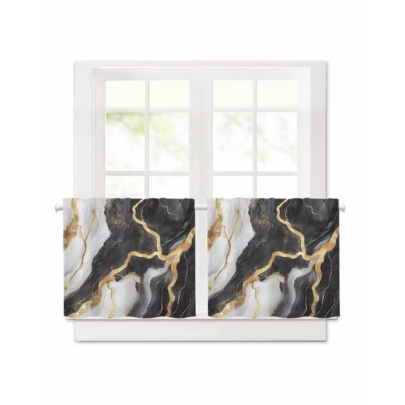 Abstract Marble Short Blackout Curtains 30Inch Long Gold Texture Simple Black White Modern Rod Pocket Kitchen Curtains, 2 Panels Thermal Insulated Room Darkening Drapes for Bedroom, 30"W x 30"L