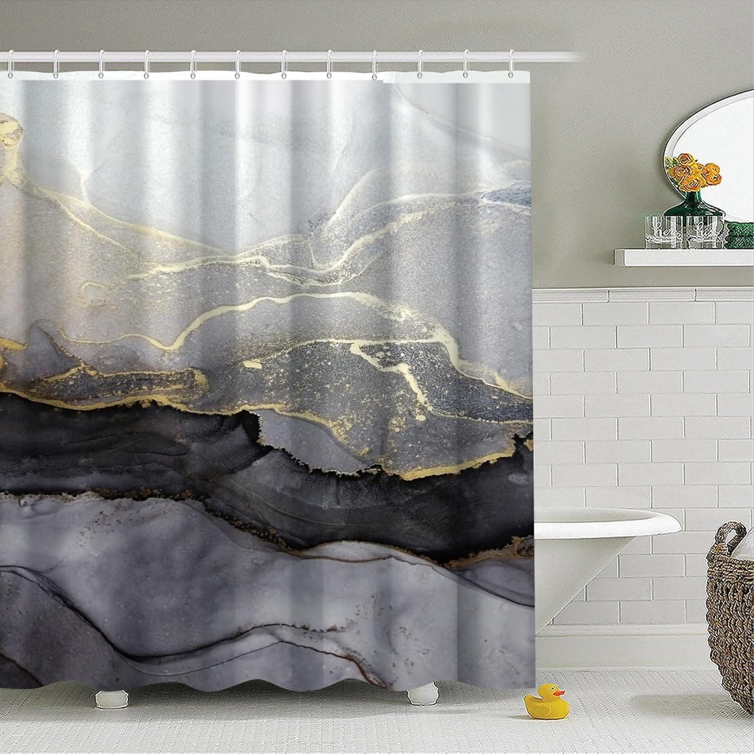 Abstract Marble Shower Curtain for Bathroom Modern Black Gray