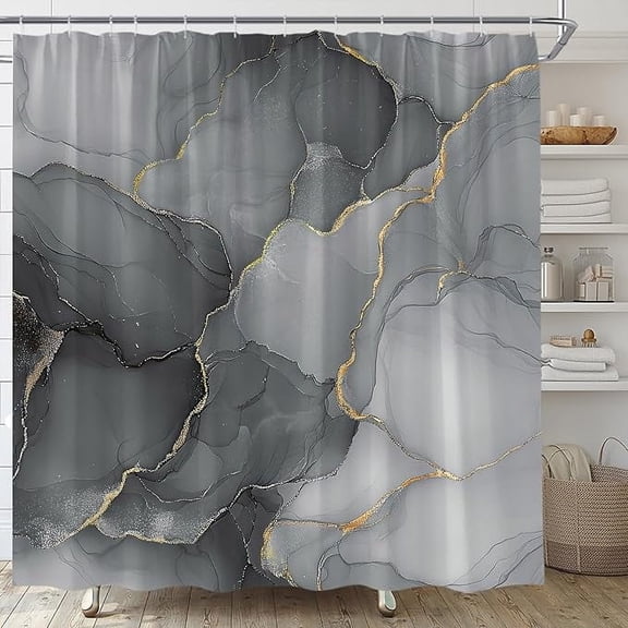 Abstract Marble Shower Curtain Black Golden Jade Texture Gray Stripes Ombre Watercolor Modern Art Fabric Bathroom Decor Set With Hooks 54"W x 72"L (Pack of 1)