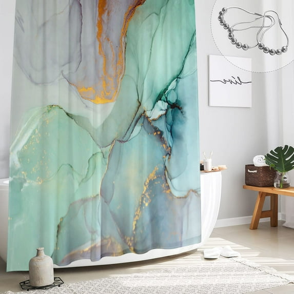 Abstract Marble Shower Curtain, Blue Green Purple Jade Texture Gold Stripes Ombre Watercolor Paint, Modern Ink Art Decor Waterproof Fabric Shower Curtain for Bathroom Set with Hooks, 72 x 72