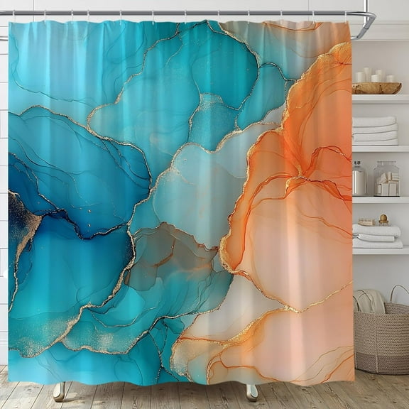 Abstract Marble Shower Curtain Turquoise Orange Jade Texture Blue Golden Stripes Ombre Watercolor Modern Art Fabric Bathroom Decor Set with Hooks-72"W x 84"L (Pack of 1)