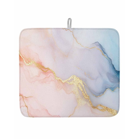 Abstract Marble Stone with Gold Stripe Dish Drying Mats for Kitchen Counter,Absorbent Microfiber Dish Drainer Rack Mat Pink Blue Ombre Agate Texture Drying Pad for Sinks,Utensils,Countertops,16x18in