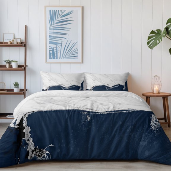 Abstract Marble Stone Texture California King Size Bed Set,Classic Dark Blue White Bedding for All Seasons,4 Pcs Bed Set with 1 Quiltcover (96"x104"),1 Sheet (110"x98"),2 Pillowcases (20"x36")