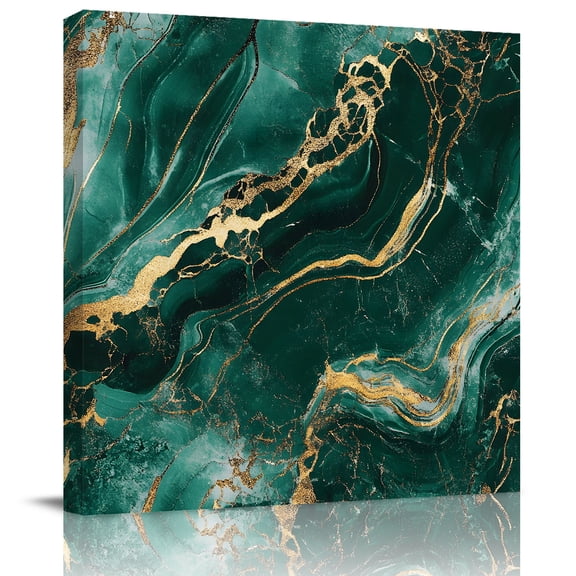 Abstract Marble Stone Texture Canvas Artwork Painting Art, Green Gold Striped Square Framed Wall Decorations Prints Picture for Bedroom Kitchen Living Room, 16x16 in