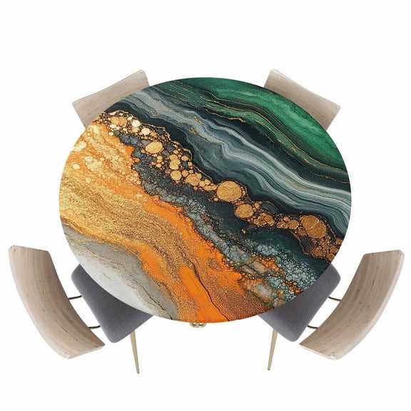 Abstract Marble Stone Texture Fitted Round Tablecloths Elastic Edged Table Covers 45"-54",Gold Green White Crack Art Waterproof Dining Room Table Cloth for Kitchen Holiday Party Tables Decor