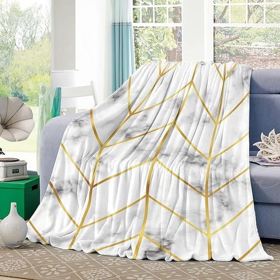 Abstract Marble Stone Texture Fleece Throw Blanket For Couch Flannel Bed Blankets Geometric Art Gold Lines Fuzzy Warm Plush Throws Super Soft Cozy Blanket For Sofa Travel 50" x 60"