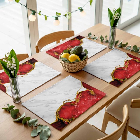 Abstract Marble Stone Texture Placemats Set of 4,Wipeable Washable Table Mats for Dining Tables, Modern Red Gold White Place Mats for Kitchen Event Party Tabletop Decor
