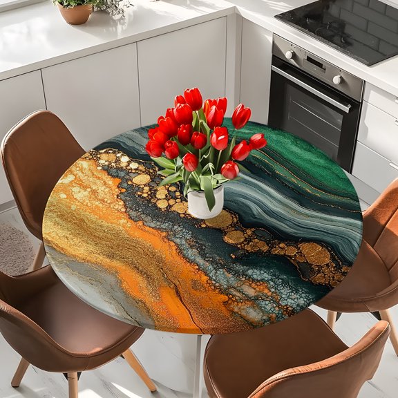 Abstract Marble Stone Texture Round Fitted Tablecloth with Elastic Edge,Waterproof Table Cloth Fits 36"-44" Tables,Wipeable Washable Table Cover for Indoor Outdoor Dinning,Gold Green White Crack Art