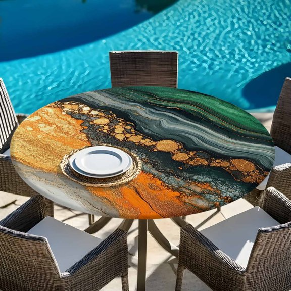 Abstract Marble Stone Texture Round Fitted Tablecloth with Elastic Edge,Waterproof Table Cloth Fits 45"-54" Tables,Wipeable Washable Table Cover for Indoor Outdoor Dinning,Gold Green White Crack Art